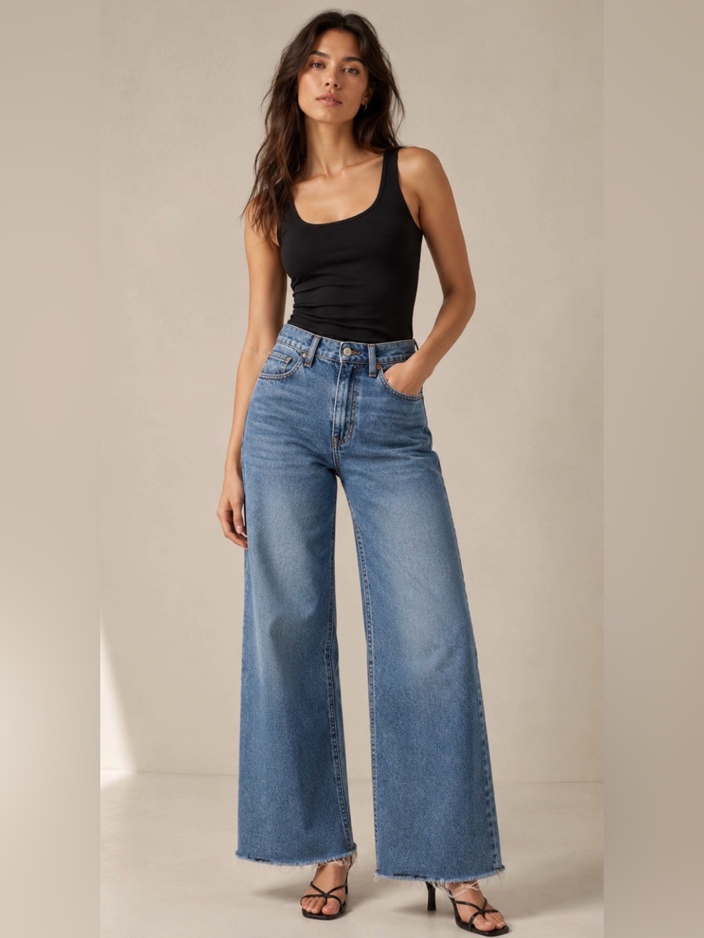 EUV Zara Denim Collection High Waist Wide Leg Raw Hem Jeans Size 8